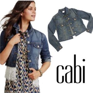 CAbi Dakota Denim Jean Jacket Removable Lace Trim Button Up Style 5297